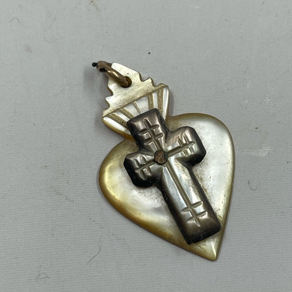 Antique Victorian Pendant Sacred Heart Mother Of Pearl Catholic Cross Necklace